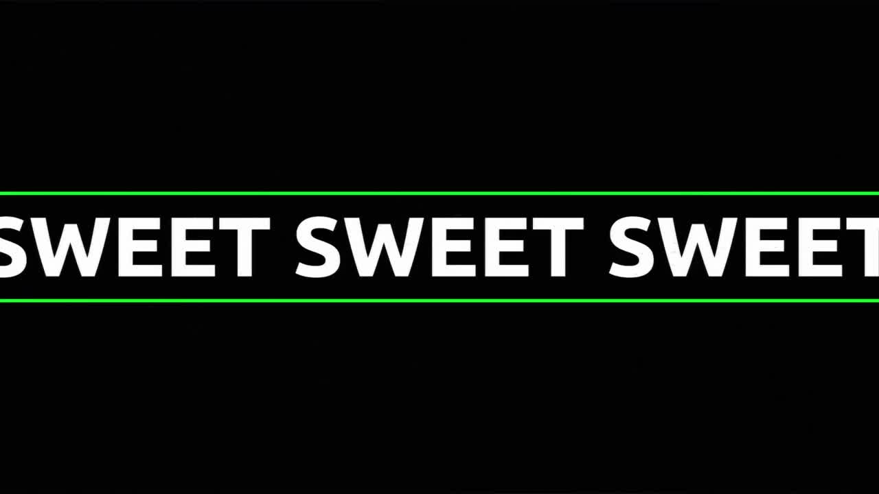 Animation of sweet in white text with pink crosses and green lines over glowing lights on lilac