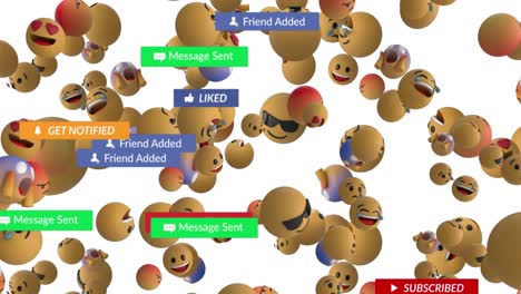 animación de iconos y emojis de redes sociales que caen sobre un fondo blanco