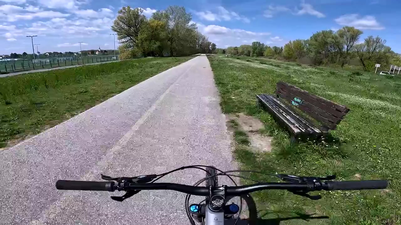 Udendørs cykeltur på en tom cykelsti omgivet af træer og græs POV.
