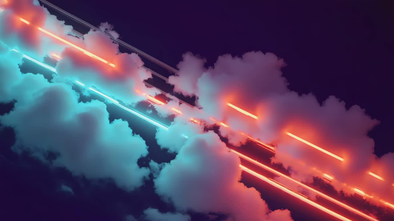Futuristic Neon Light Beams Through Clouds