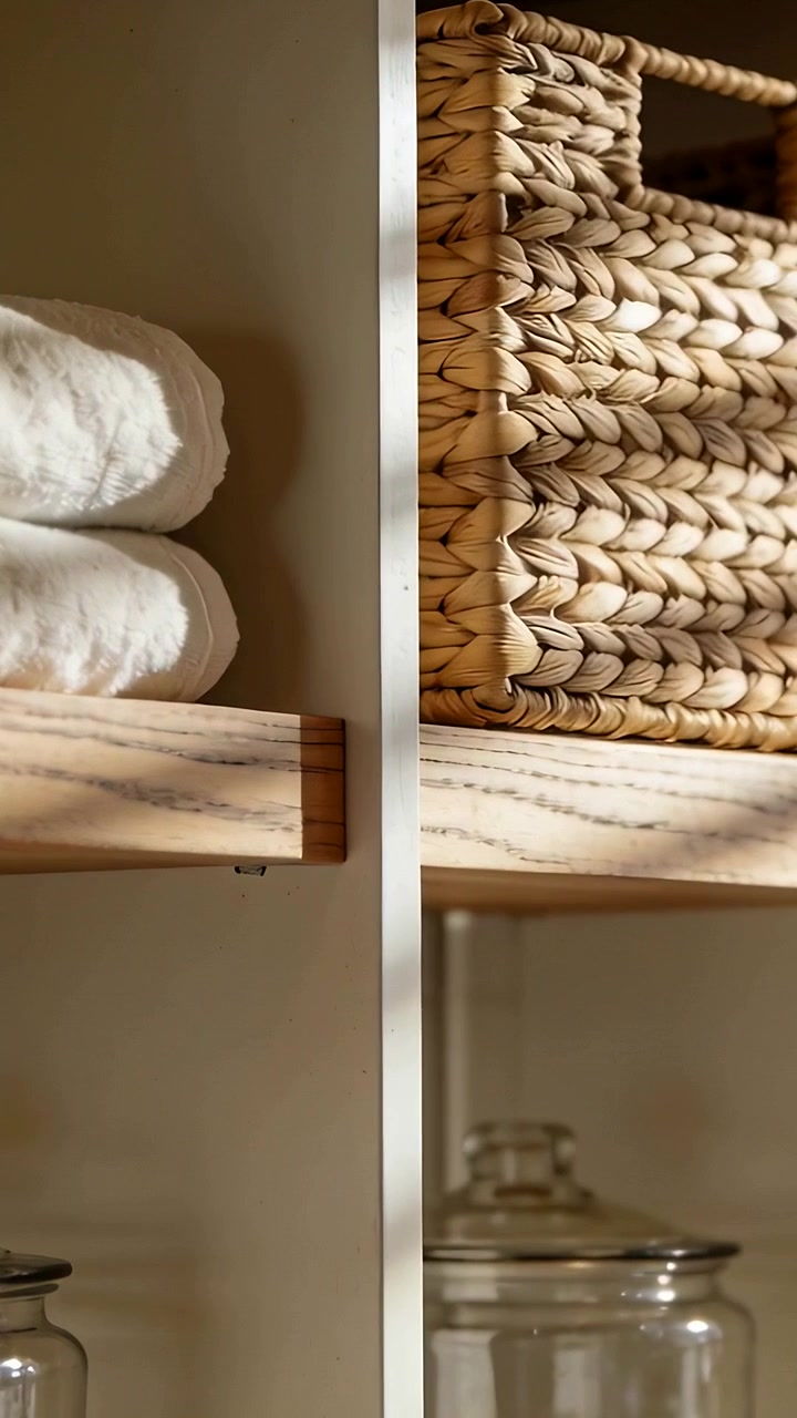 Video verticale: Telecamera che scorre rivelando asciugamani bianchi piegati su uno scaffale del bagno e in un cesto, con spazio per il testo.