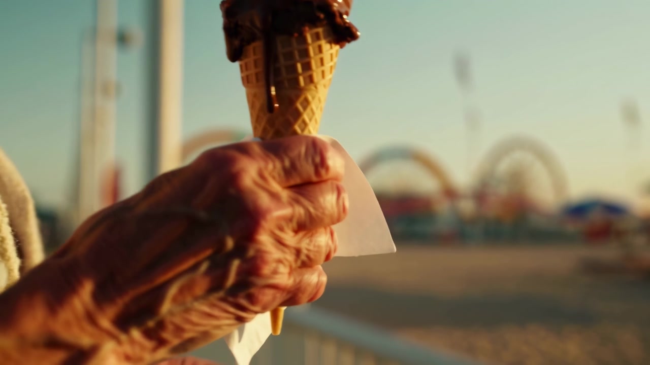 Una vista ravvicinata di una mano rugosa che tiene un cono gelato al cioccolato in primo piano, con un parco divertimenti sfocato e una calda luce del tramonto che creano una morbida atmosfera.