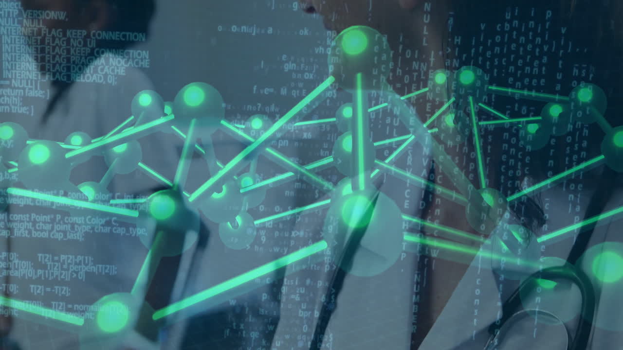 Analyzing data in hospital, medical professionals with green molecular structure animation