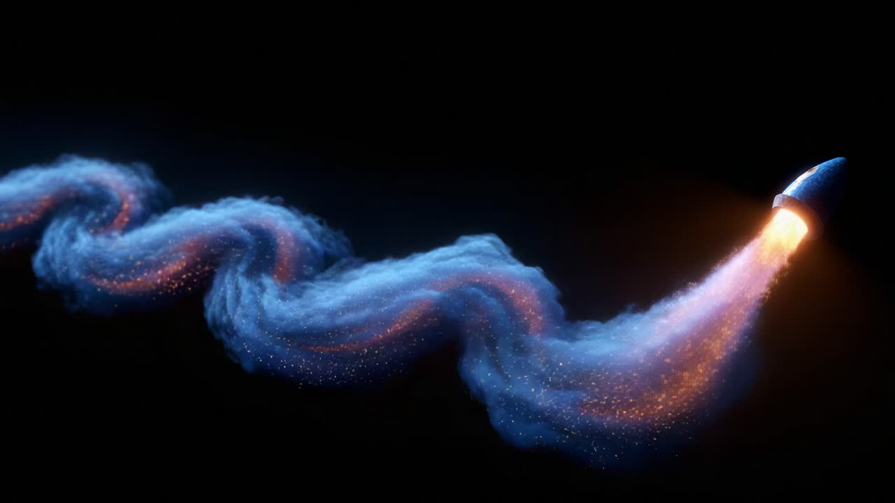 A mesmerizing rocket trail ignites the night sky, leaving a captivating swirl of vibrant colors and shimmering particles, symbolizing the journey to cosmic exploration and adventure