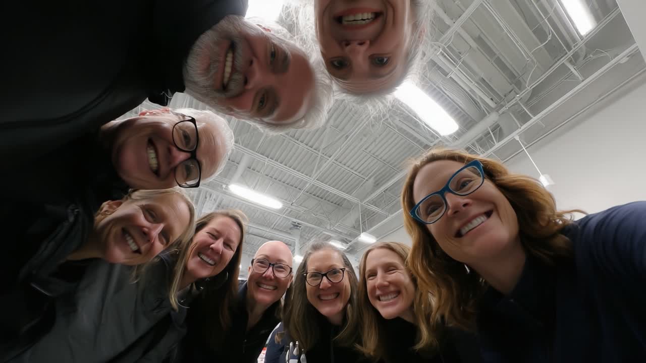 A Joyful Group Laughing Together in Fun Atmosphere While Posing for a Selfie, Capturing a Moment of Friendship and Connection in a Bright Indoor Space
