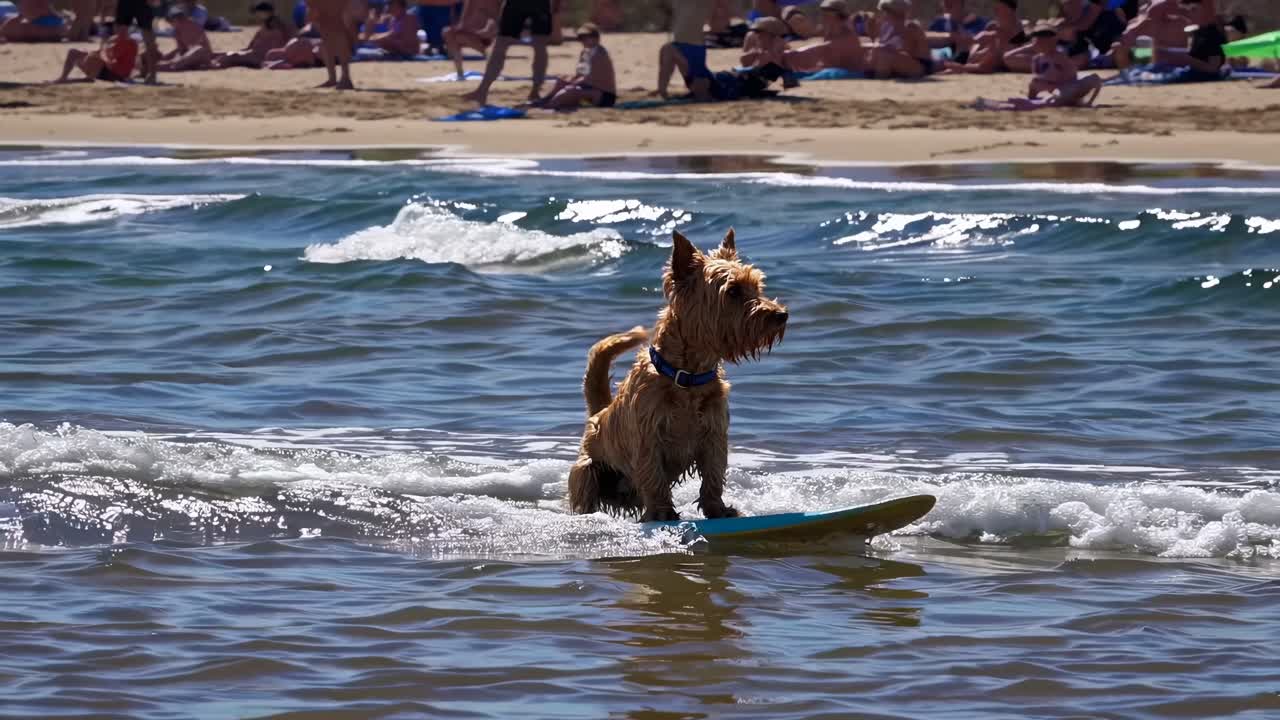 A playful dog surfs on a small wave at the beach. Captured from a low angle, the video highlights