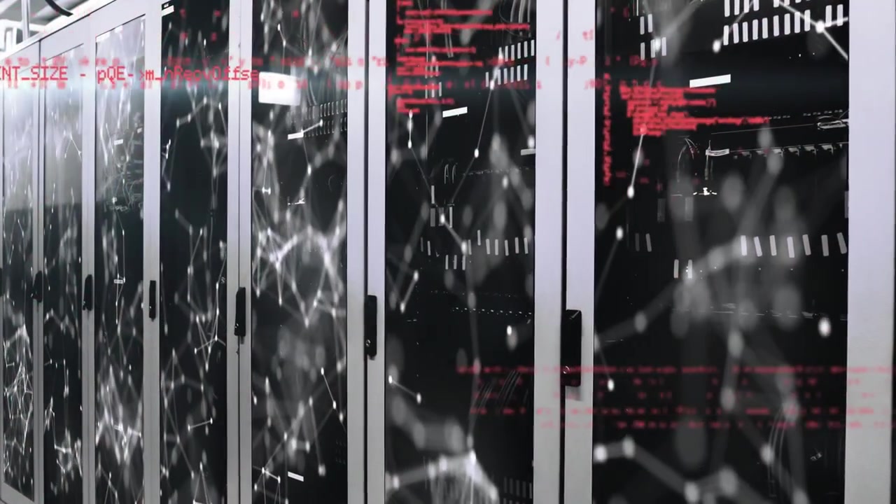 Data Center Server Racks with Digital Network Visualization