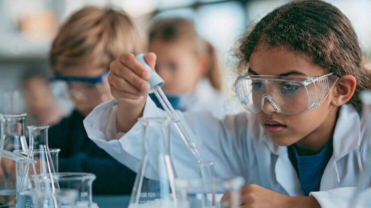 Scientists collaborating on a laboratory experiment with colorful liquid samples
