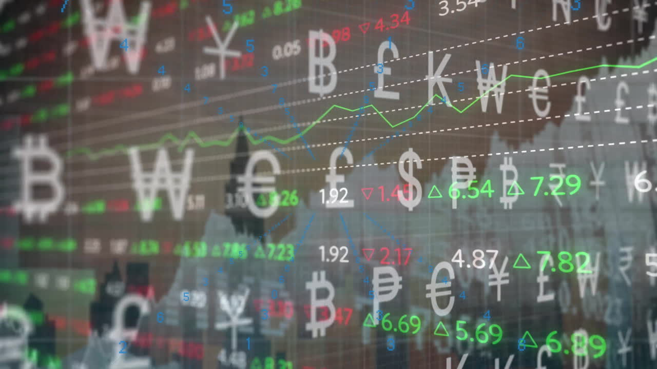 Animation of financial data processing over cityscape