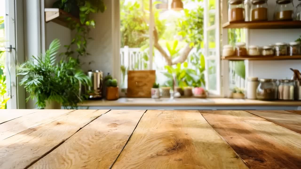 una mesa de madera frente a una ventana de la cocina