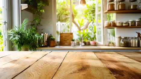 a wooden table in front of a kitchen window