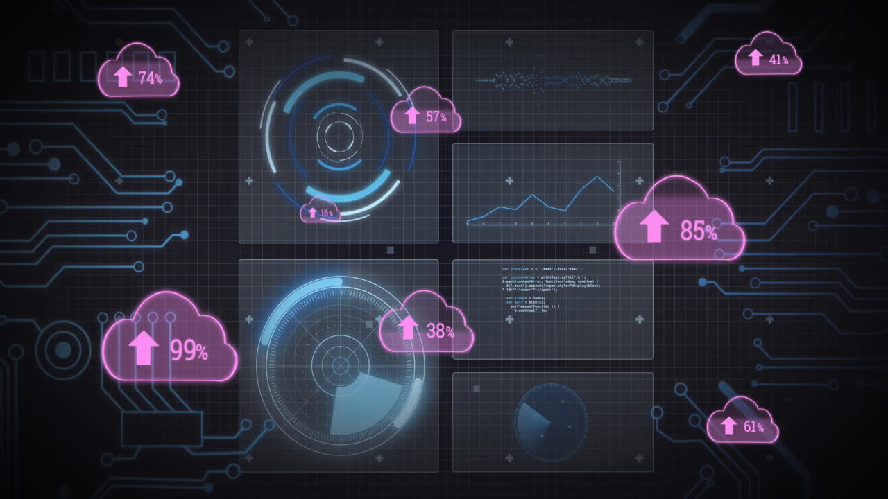 Animation of pink clouds with arrows and percent, scopes scanning and data processing on screens