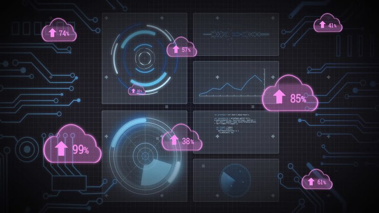 Animation of pink clouds with arrows and percent, scopes scanning and data processing on screens
