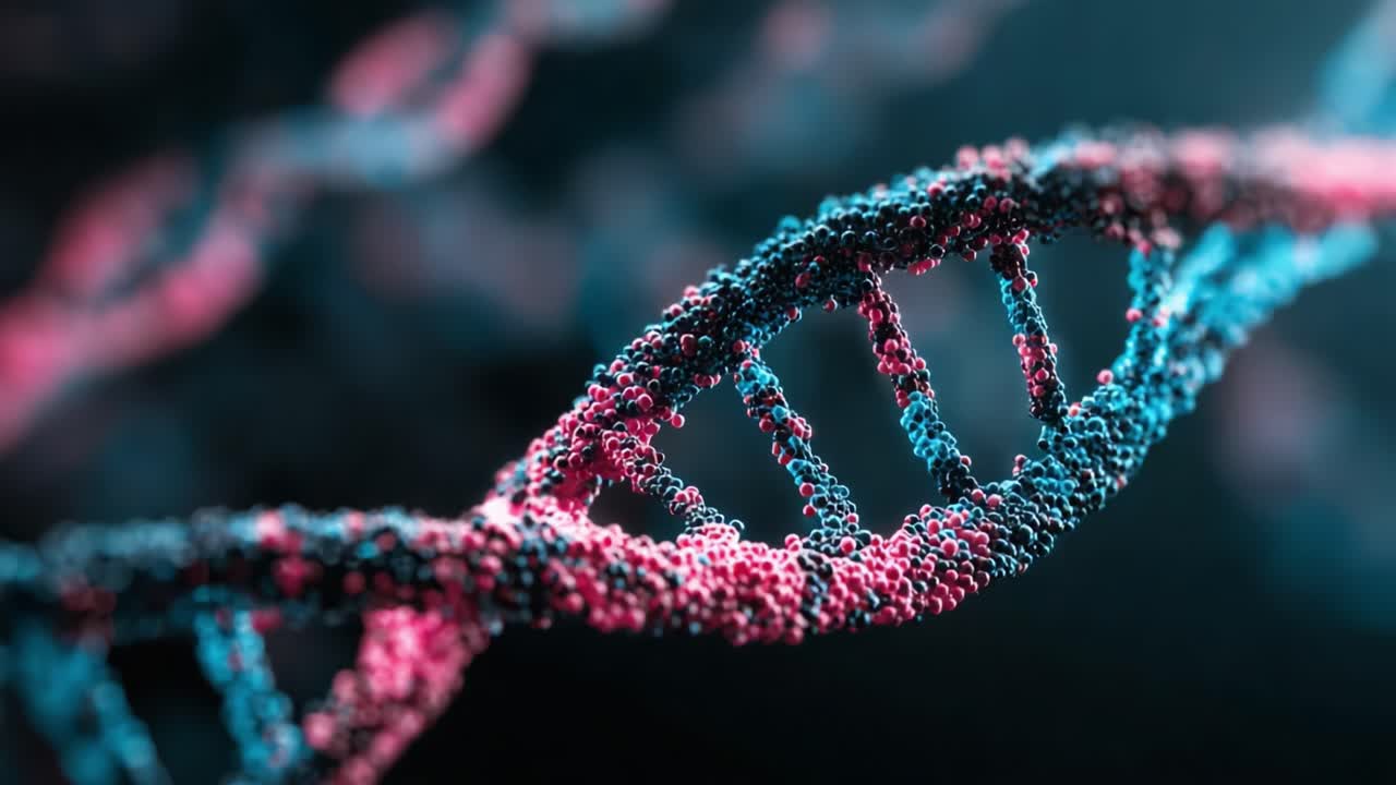 Detailed View of DNA Helix Structure with Vibrant Pink and Blue Coloring Representing Genetic Material in a Scientific Visualization