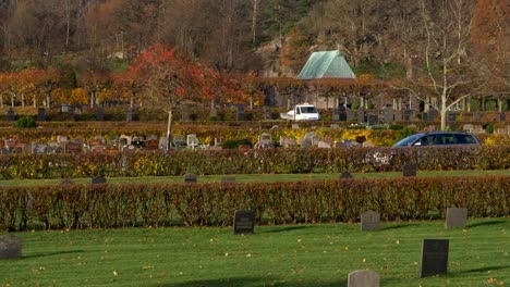 tilt up view kviberg cemitery, vibrant vegetation, fall season, kviberg kyrkogård, gothenburg