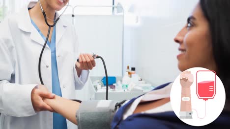 animation of arm and blood bag logo over smiling female nurse taking blood pressure of female donor