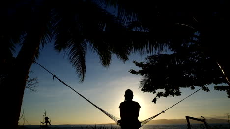 silhouette of a girl sitting and swinging on hammock under a tree on beach during sunset