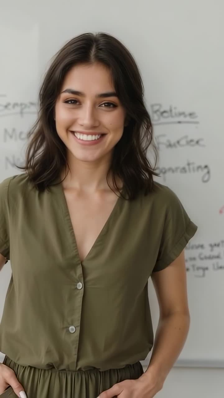 Vertical video: Recording showing woman in dress smiling sliding into pockets at office whiteboard