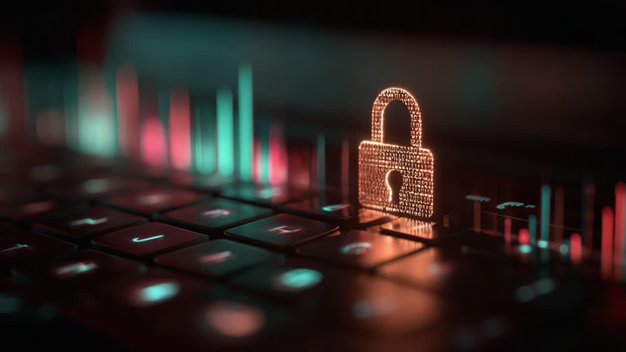 A Digitally Rendered Lock Icon Illuminated on a Computer Keyboard, Representing Cybersecurity and Data Protection in a Modern Technological Environment