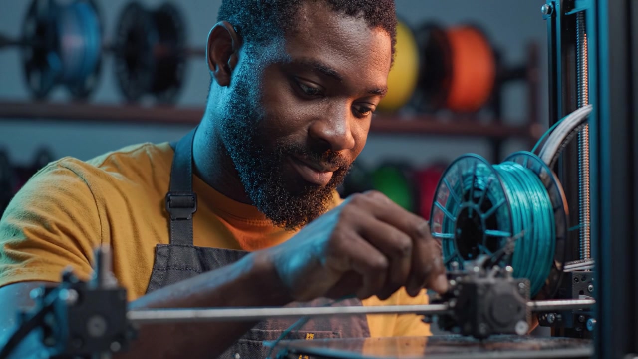 Focused Craftsmanship: A Steady Hand Precision-3D Printing Expert Fine-Tuning Filament Feed on an Advanced Printer with Colorful Spools in Background