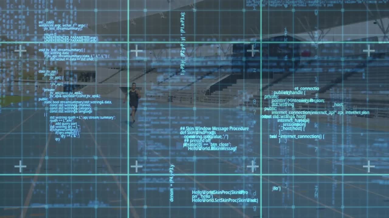 animazione di circuiti integrati e elaborazione dei dati su corridore maschio caucasico allo stadio