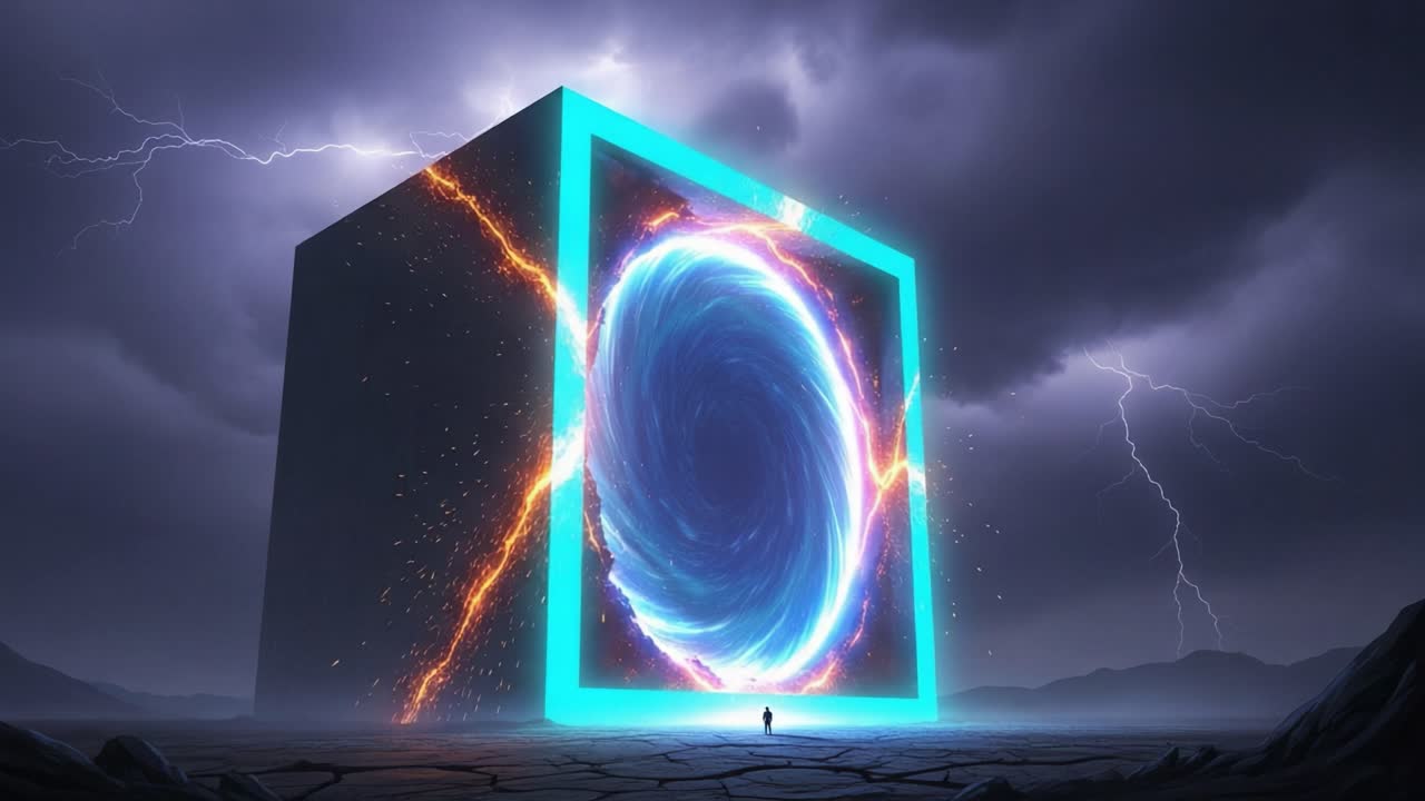 A Mysterious Portal Emerges Amidst Stormy Skies, Filled with Electric Energy and Cosmic Elements, Drawing Curiosity and Awe from a Singular Observer Facing the Unknown