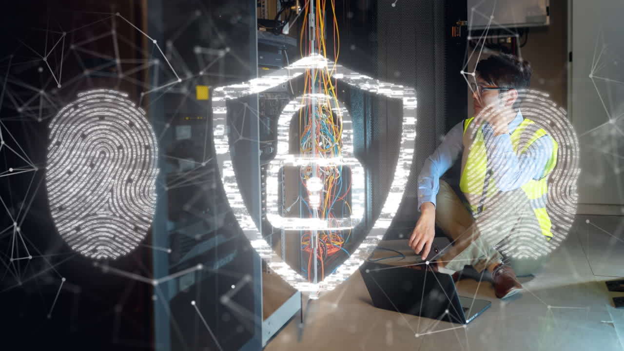 candado de seguridad y icono de huella digital biométrica contra el técnico de ti asiático que trabaja en la sala de servidores