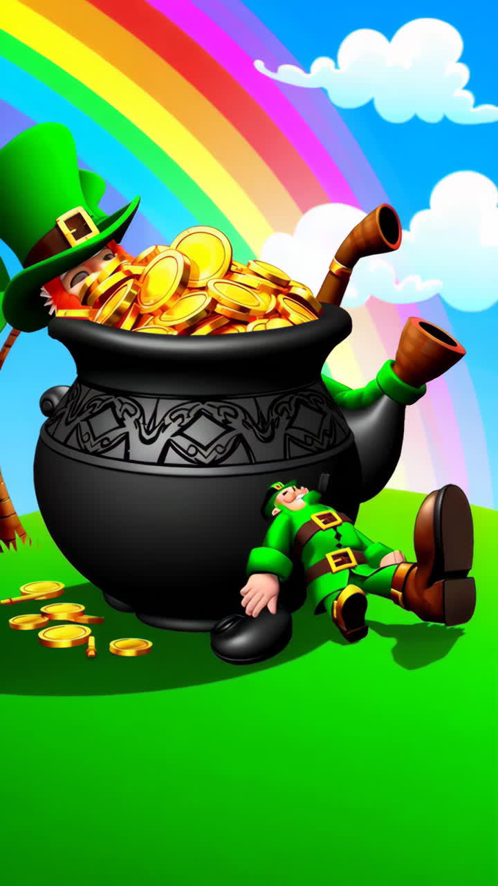 Leprechaun with Pot of Gold and Rainbow