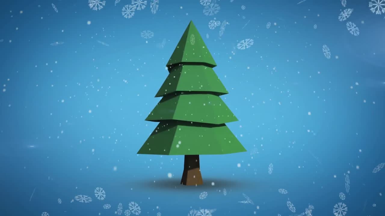 Snowflakes falling over spinning christmas tree icon against blue background