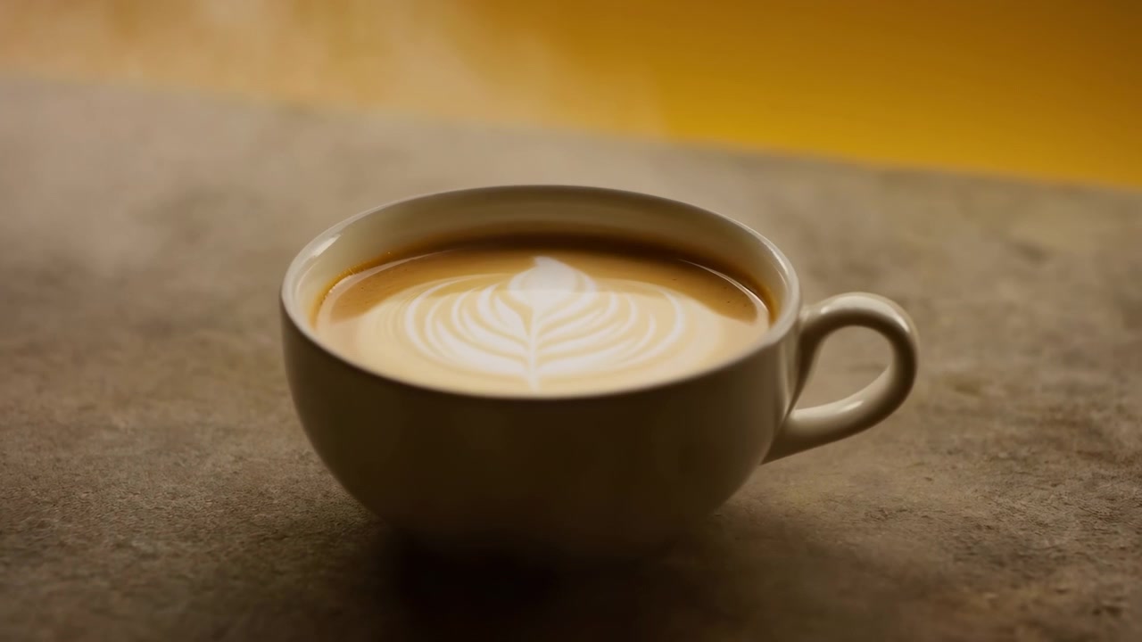 Vista a livello degli occhi dal basso di una tazza in ceramica piena di latte macchiato appena versato, con schiuma di latte a forma di foglia in cima e vapore delicato che sale sopra il bordo, poggiata su un tavolo ruvido beige con luce calda e ombre morbide.