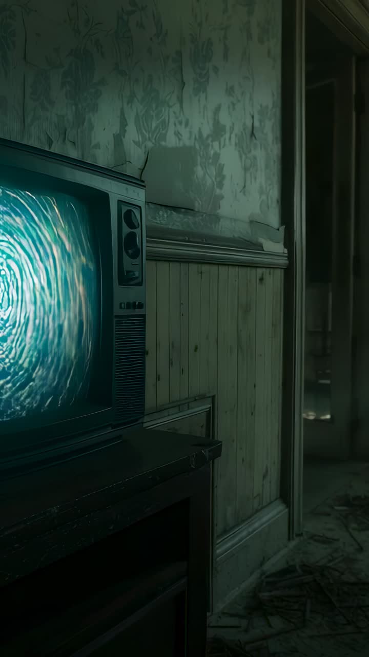 Vertical video: Flickering television set reacting to swirling vortex in decaying room, copy space