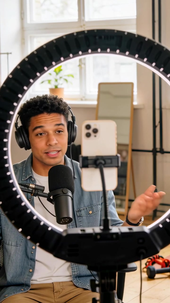 Vertikal video: Optagelse af vært i denimskjorte, der taler ind i mikrofon derhjemme med telefon med ringlys til seere.