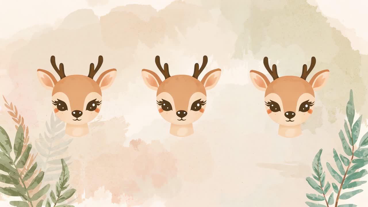 Looping three cartoon deer heads facing forward at nursery art with watercolor wash and fern sprigs