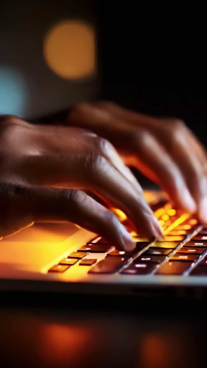 Close-Up of Hands Typing on a Backlit Keyboard, Showcasing the Intensity of Digital Communication and the Art of Technology in a Modern Workspace Environment