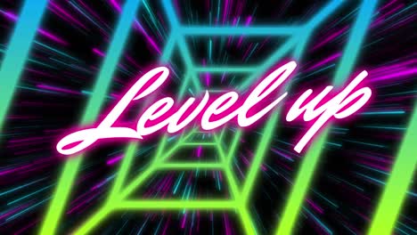 animation of level up text over moving shapes on black background