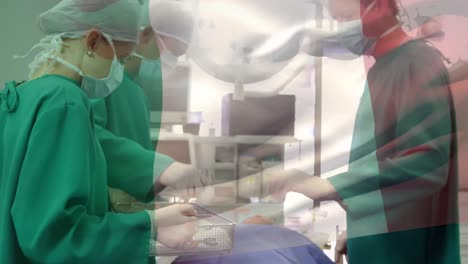 Animation-of-flag-of-italy-waving-over-surgeons-in-operating-theatre