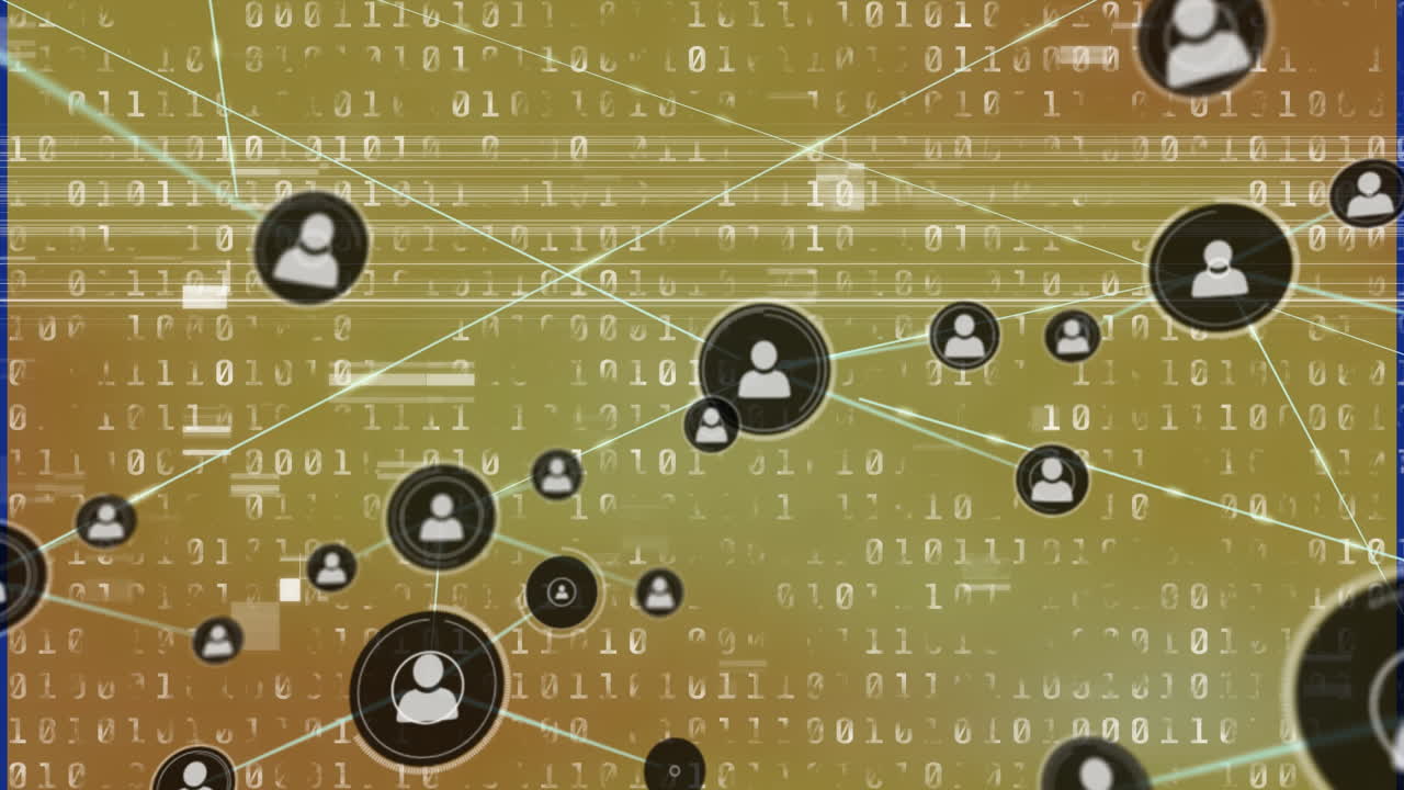 animación de la red de iconos de perfil sobre el procesamiento de datos de codificación binaria contra fondo amarillo
