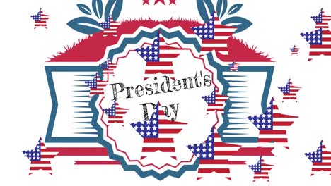 animation of stars with usa flags over presidents day text on white background