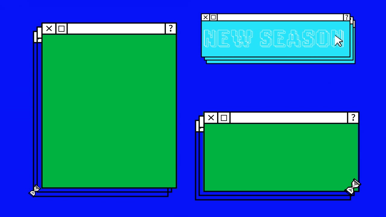 Animation of computer screen windows and new season text on blue background