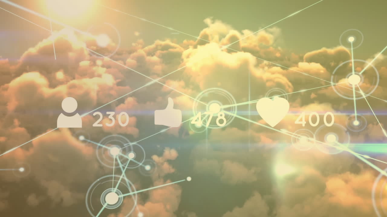 Animation of network of connections and social media icons with increasing numbers against clouds