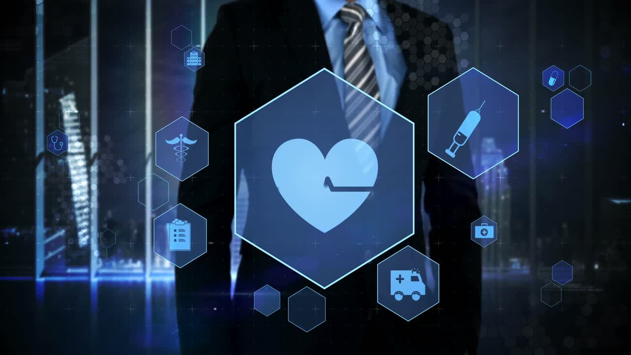 가상 디지털 인터페이스 화면을 만지는 사업가