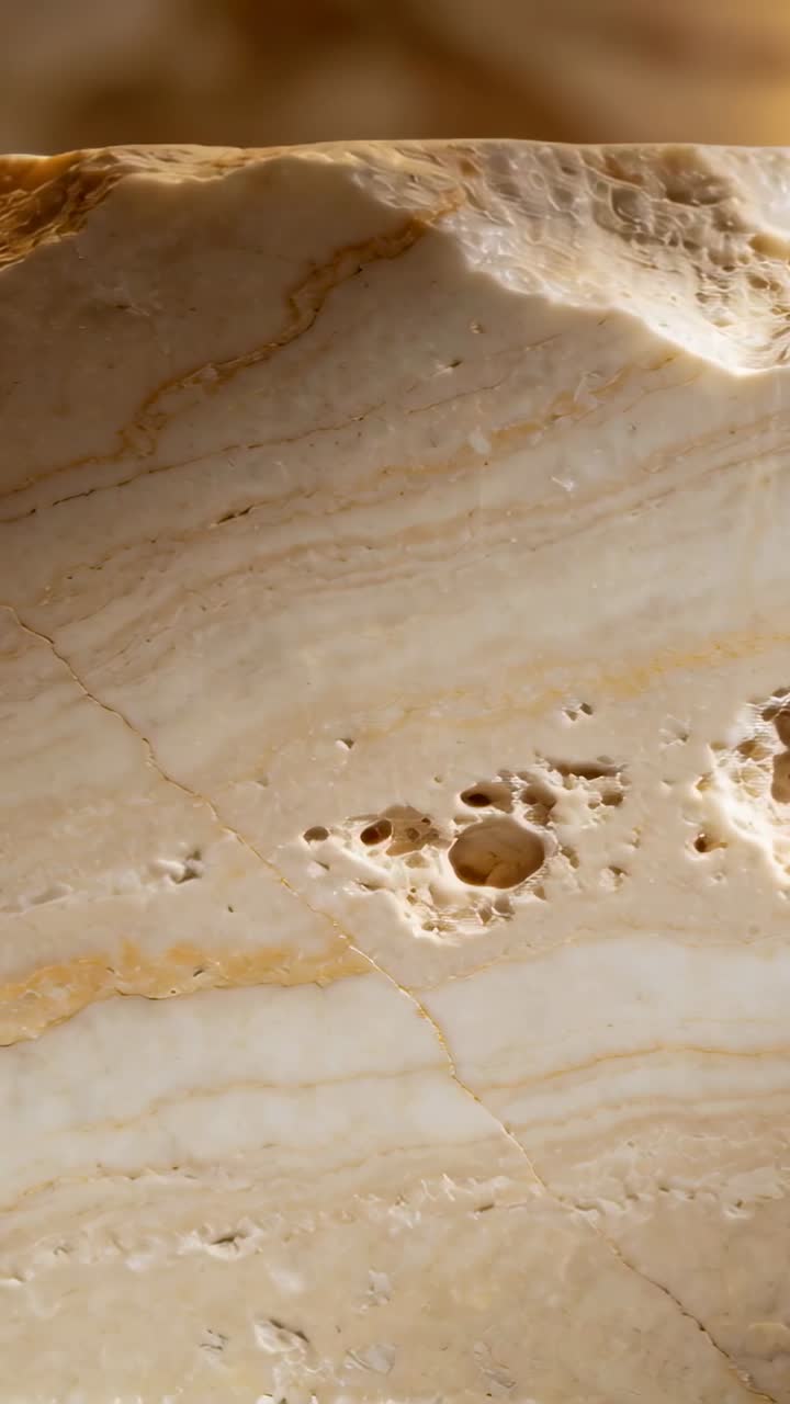 Video verticale: Panoramica della telecamera su una lastra di pietra beige in studio, che mostra pori e venature per lo studio.