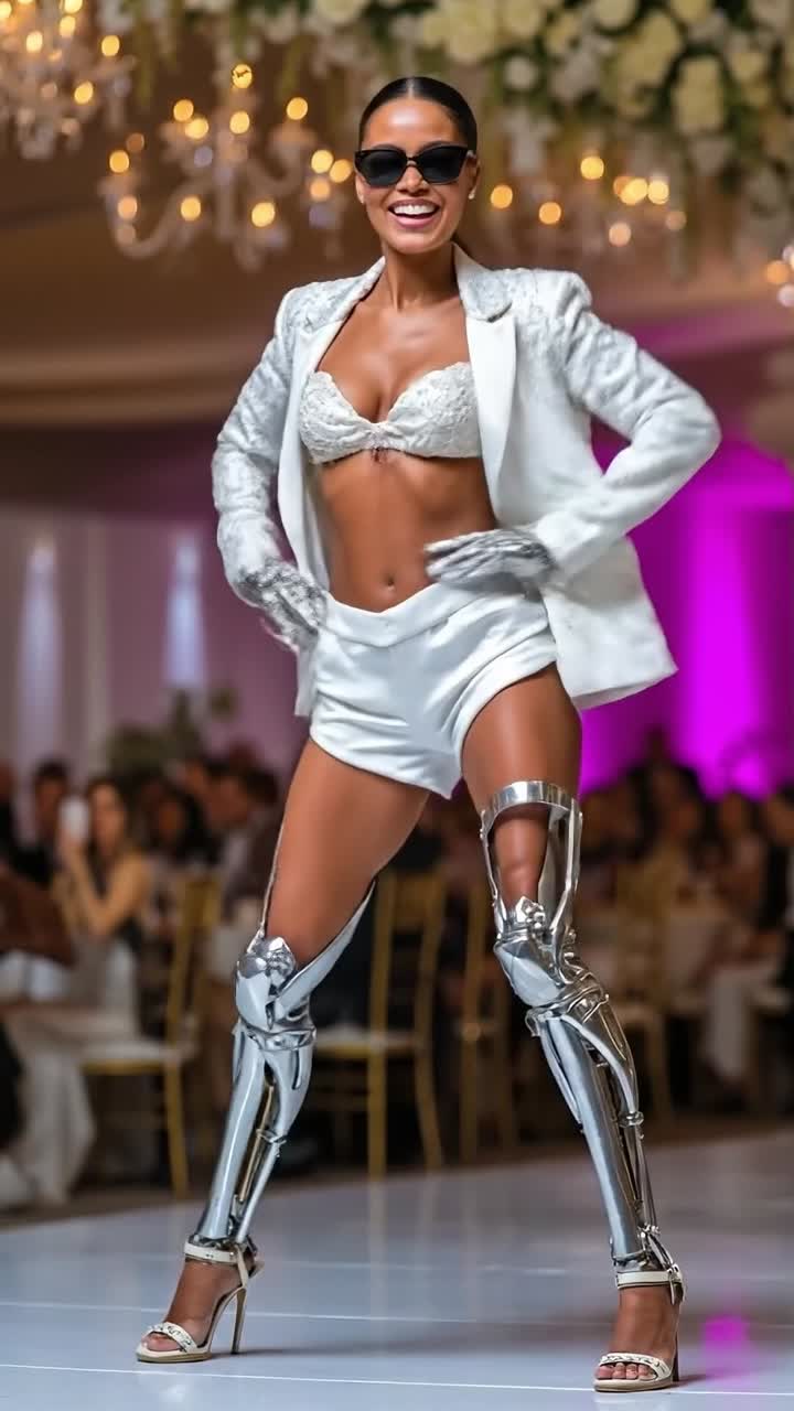 Elegante donna cyborg con blazer bianco che cammina a un evento di gala