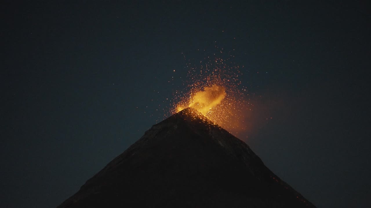 beautiful night-time shot of Fuego volcano erupting lava in Guatemala