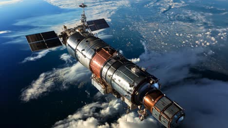 expansive view of a space station orbiting earth above clouds at dusk
