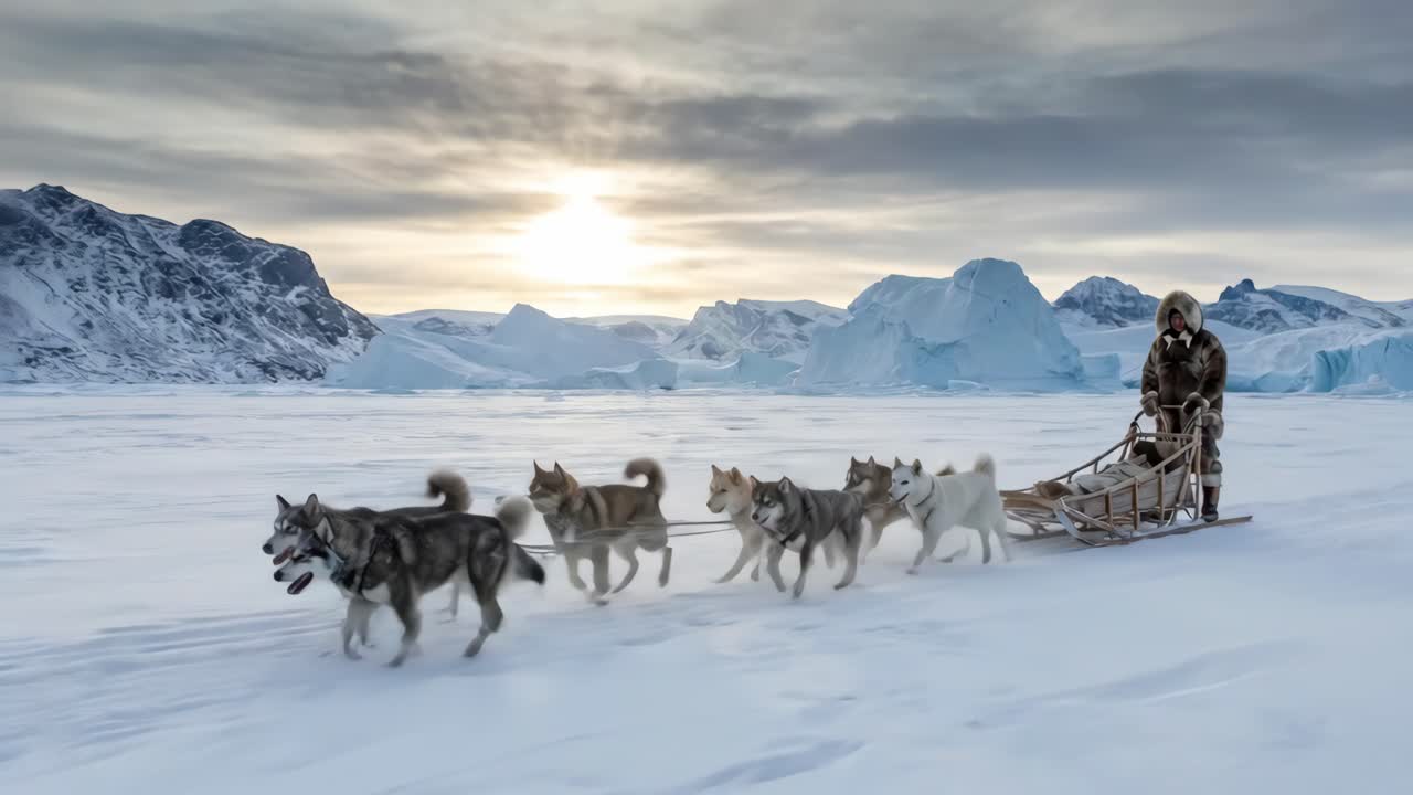 Musher on Dog Sled with Husky Team in Arctic Snowy Landscape