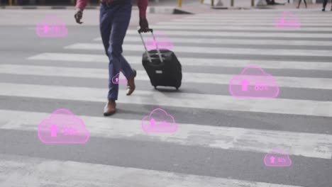 animation of pink digital clouds with numbers growing over man crossing street with suitcase in city