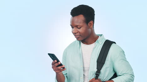 Man,-student-and-phone-with-backpack-for-education