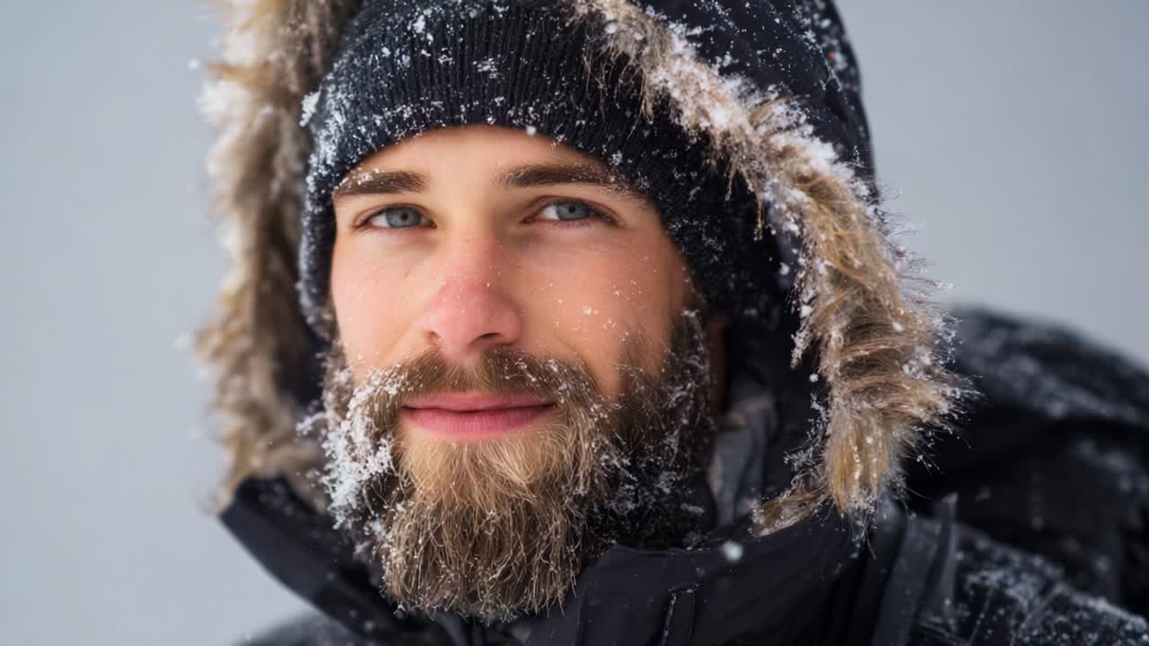 Primo piano di un uomo sorridente con la barba innevata, che indossa un cappotto e un cappello invernali, che mostra la bellezza dell'inverno in un ambiente freddo e sereno con fiocchi di neve