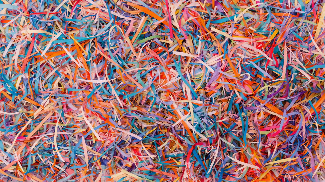 Shifting multicolored shredded paper pile revealing subtle shifts in studio close-up, curled strips